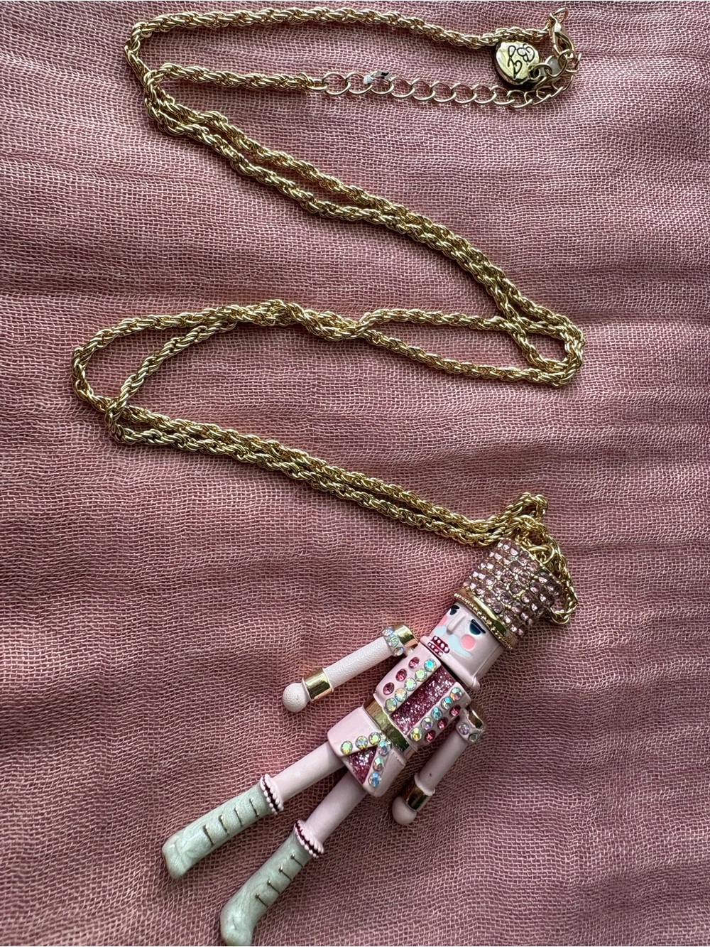 Betsey Johnson Pink Nutcracker Pendant Necklace with Gold Chain